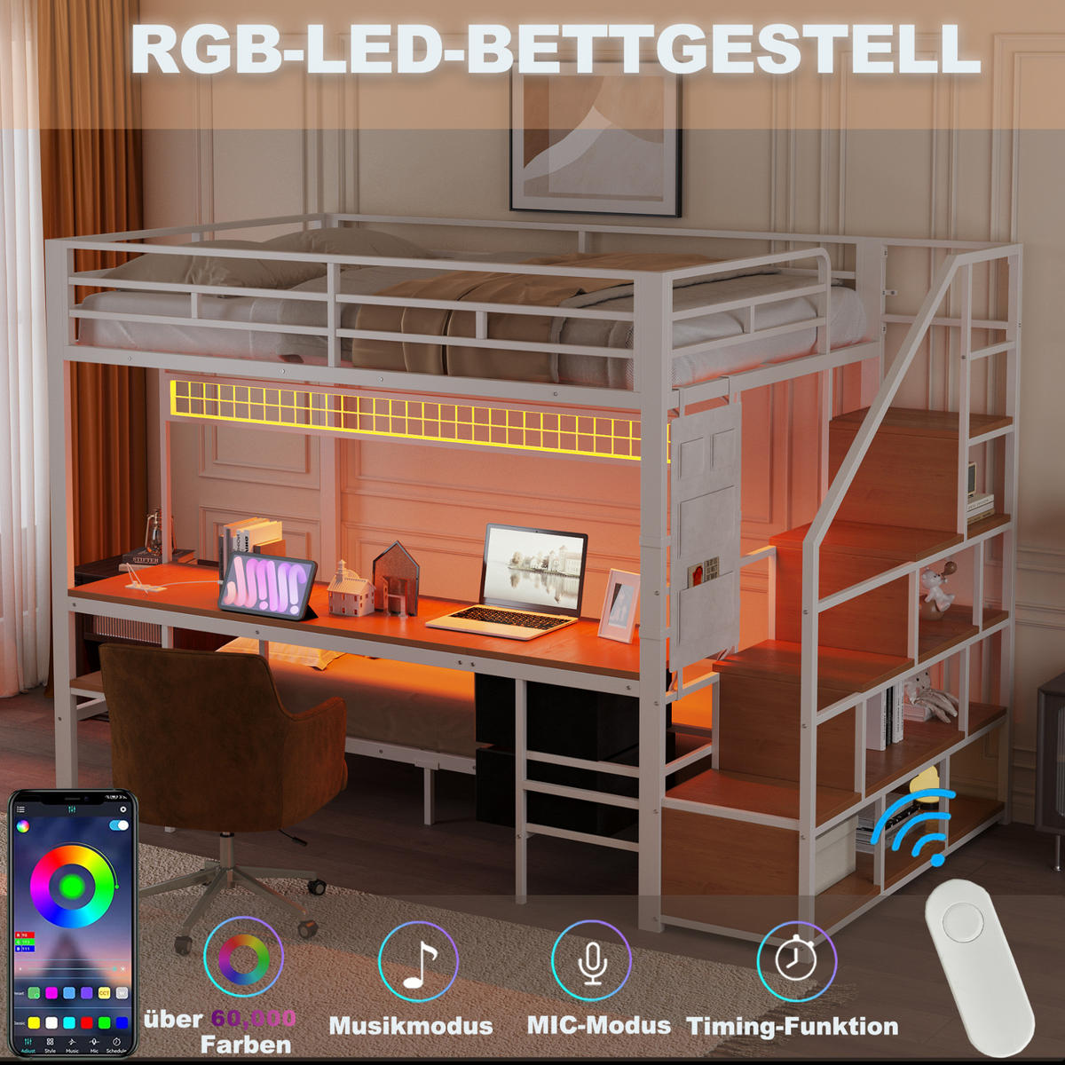 HOCHBETT 140/200 cm und 90/200 cm Weiß aus Metall und MDF mit Schreibtisch - Weiß, Metall (140/200cm) - OKMYHOME