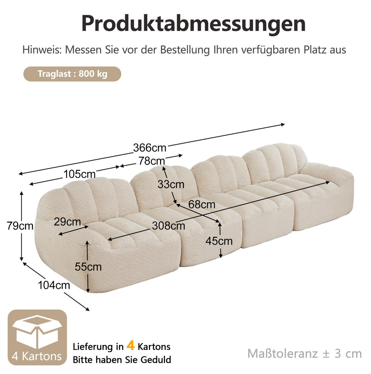 SOFA 366/104/79 cm in Beige-Weiß mit breiter Sitzfläche und weichem Bezug - Beige, Textil (104/79/366cm) - Flora Grace