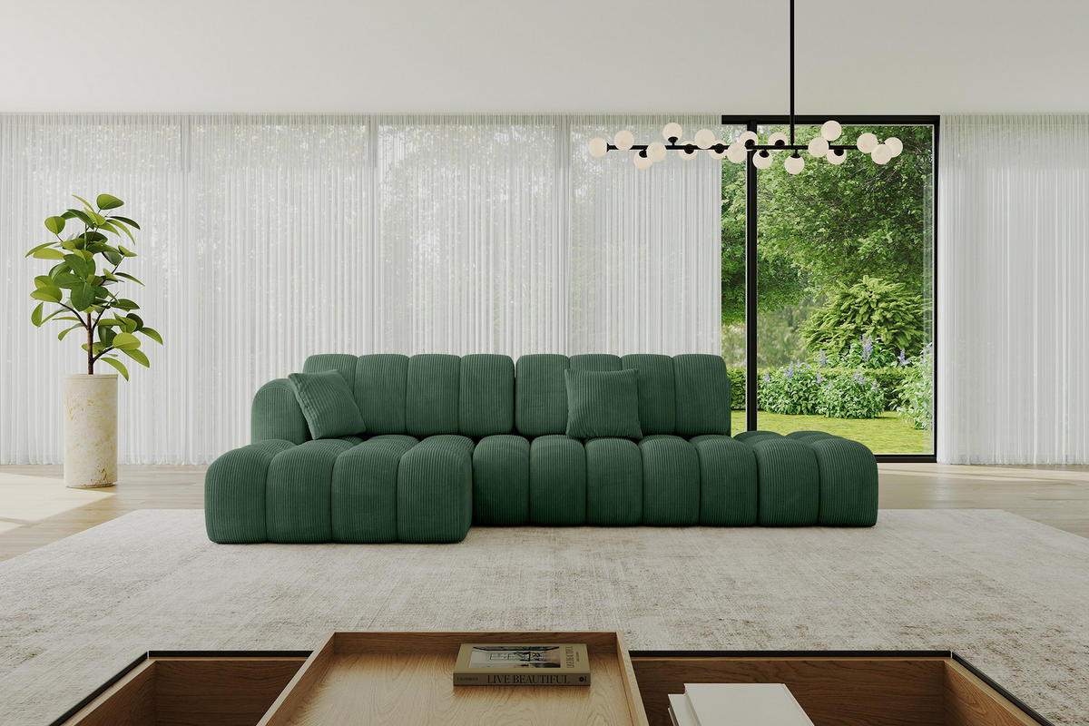 ECKSOFA mit Schlaffunktion Ottomane Links OLEA-L2 321x164x75 Grün Cord - Salbeigrün/Schwarz, Holzwerkstoff/Kunststoff (321/164cm) - ALTDECOR