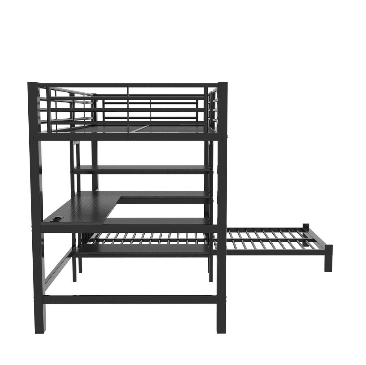 HOCHBETT Metall & MDF 90x200 cm Schwarz mit Schreibtisch, Stauraumtreppe und 2 Schlafplätzen - Schwarz, Holzwerkstoff (90/200cm) - Modfu