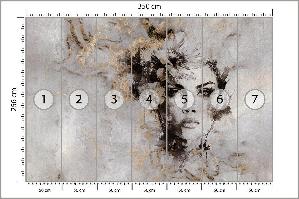 FOTOTAPETE für Wohnzimmer Frau Porträt Beton Blumen Modern 350x256 - Gelb/Beige, Papier (350/256cm) - Muralo