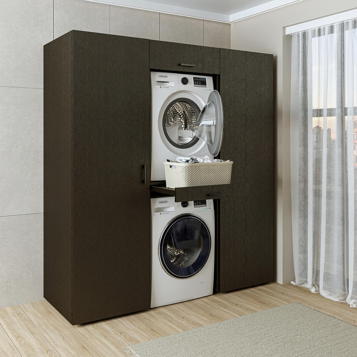 WASCHMASCHINENSCHRANK DUO-I 187cm Breit, 205cm Hoch - Schwarz, Holzwerkstoff (187/205/67cm)