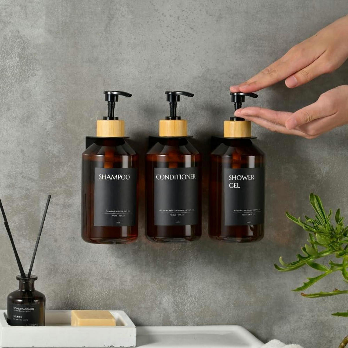 SEIFENSPENDER 3-teiliges Set Wandmontage 500ml Braun/Schwarz - Braun, Kunststoff (23/20/8cm)