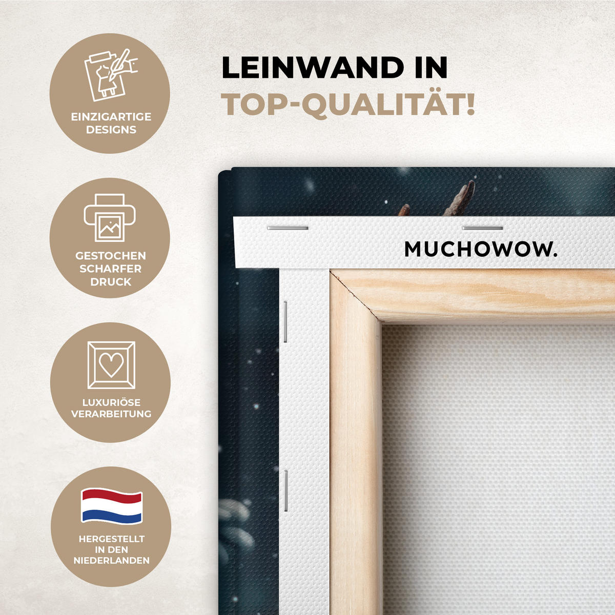 LEINWANDBILD Hirsch - Weihnachten - Winter - Schnee - Weihnachtskranz 30x40 cm - Dunkelbraun, Textil (30/40cm) - MuchoWow