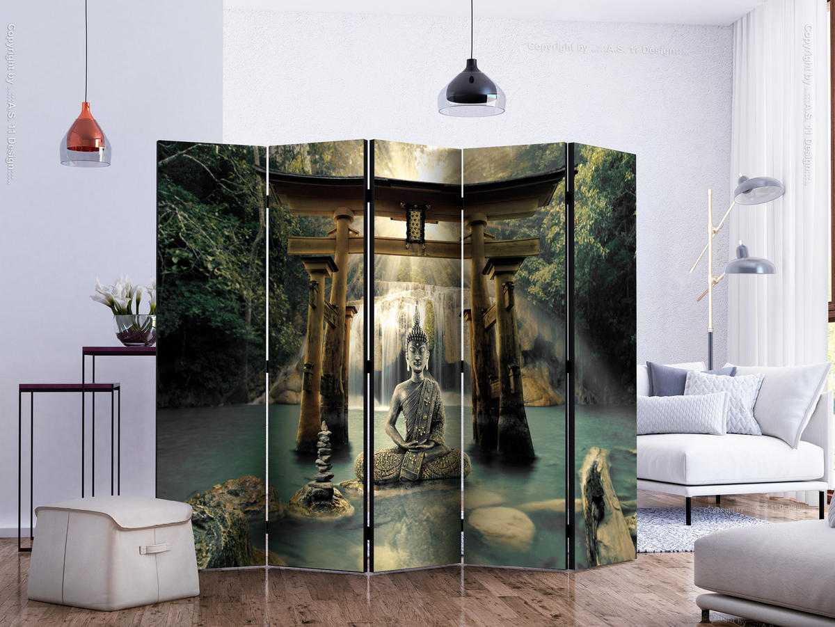 PARAVÁN Jednostranný 5-Dielny 225x172 cm Buddha a Vodopád - viacfarebná, drevo/textil (225/172/3cm) - Muralo