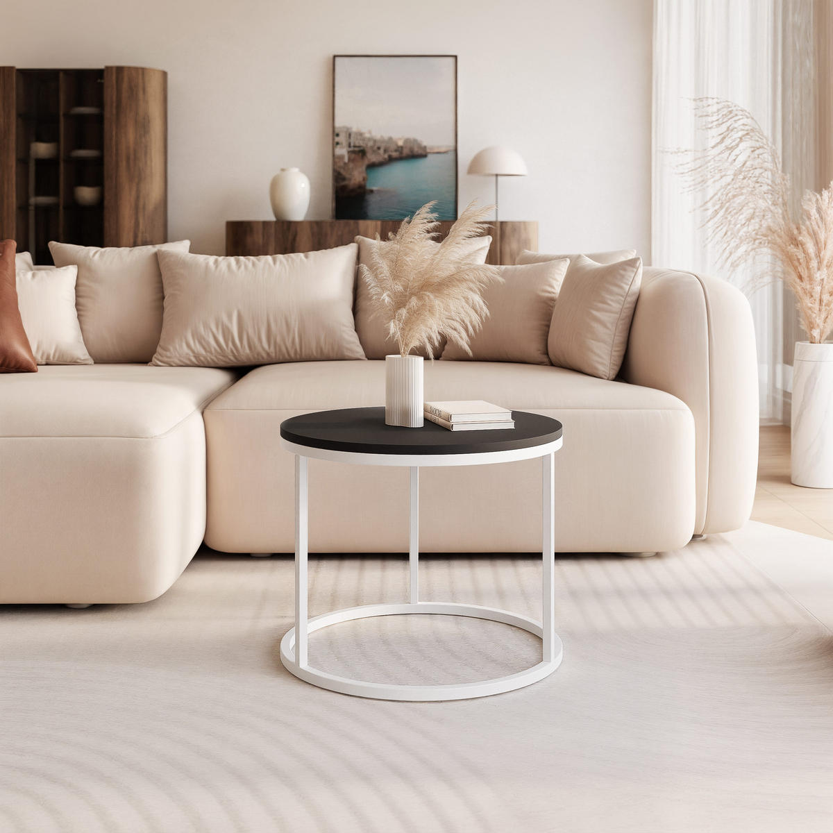 COUCHTISCH 50 cm rund Schwarz, Weiß Gestell - Schwarz, Holzwerkstoff (50/50/42cm) - Idohome