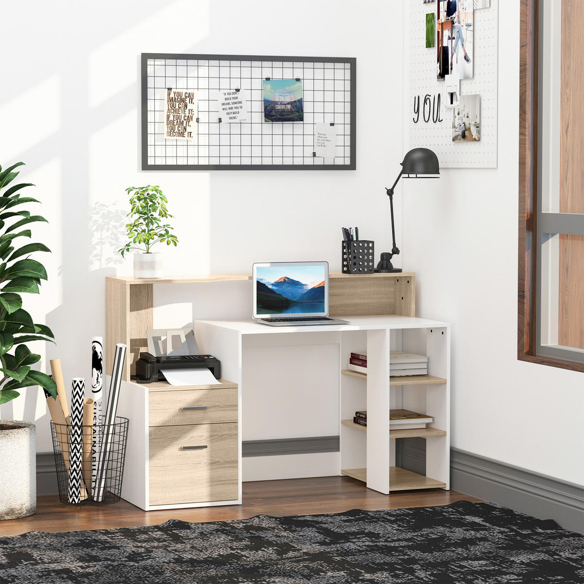 SCHREIBTISCH Eiche mit 2 Schubladen und Regalfächern 137/55/92 cm - Beige, Holzwerkstoff (55/137/92cm) - PANGIVO