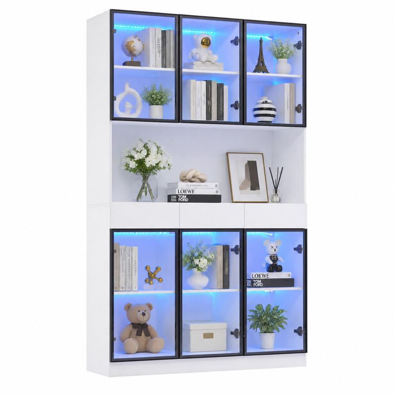 VITRINENSCHRANK mit LED 120 x 200 cm Weiß 3 Schubladen - Weiß, Holzwerkstoff (36/200/120cm) - Beauniv
