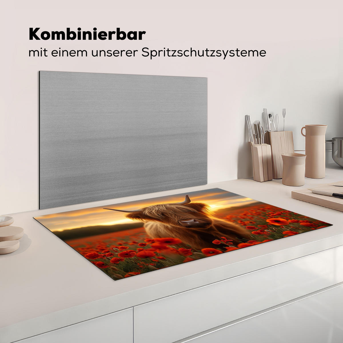 HERDABDECKPLATTE Schottische Highlander - Rosen - Blumenfeld - Sonnenuntergang Induktionsmatte 83x51 cm - Rotbraun, Kunststoff (83/51.5/0.2cm) - MuchoWow