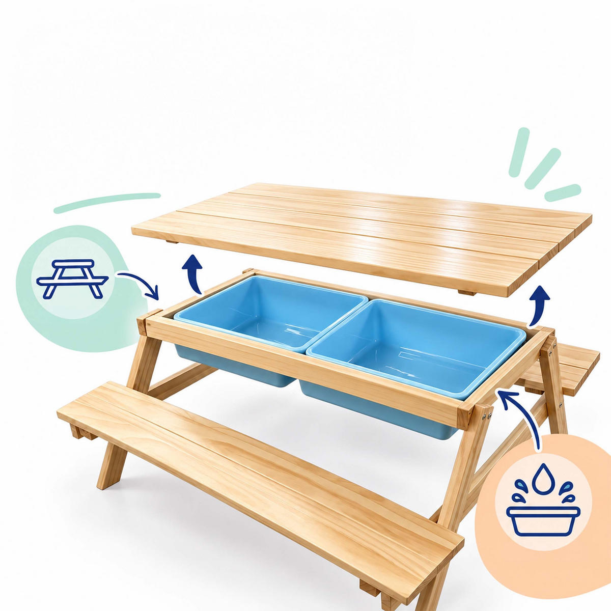 SESTAVA Světle hnědá hrací stolek na písek a vodu 2 vaničky - světle hnědá, dřevo/plast - Relaxdays