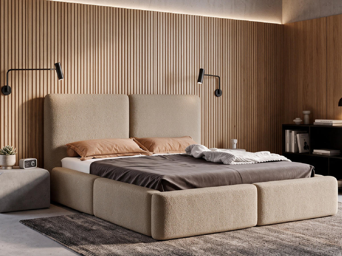 POLSTERBETT LIVIA 140x200 cm mit Bettkasten, Stauraum und Metall-Lattenrost – Bouclé Stoff Beige - Beige/Schwarz, Textil/Metall (140/200cm) - Luxkor24