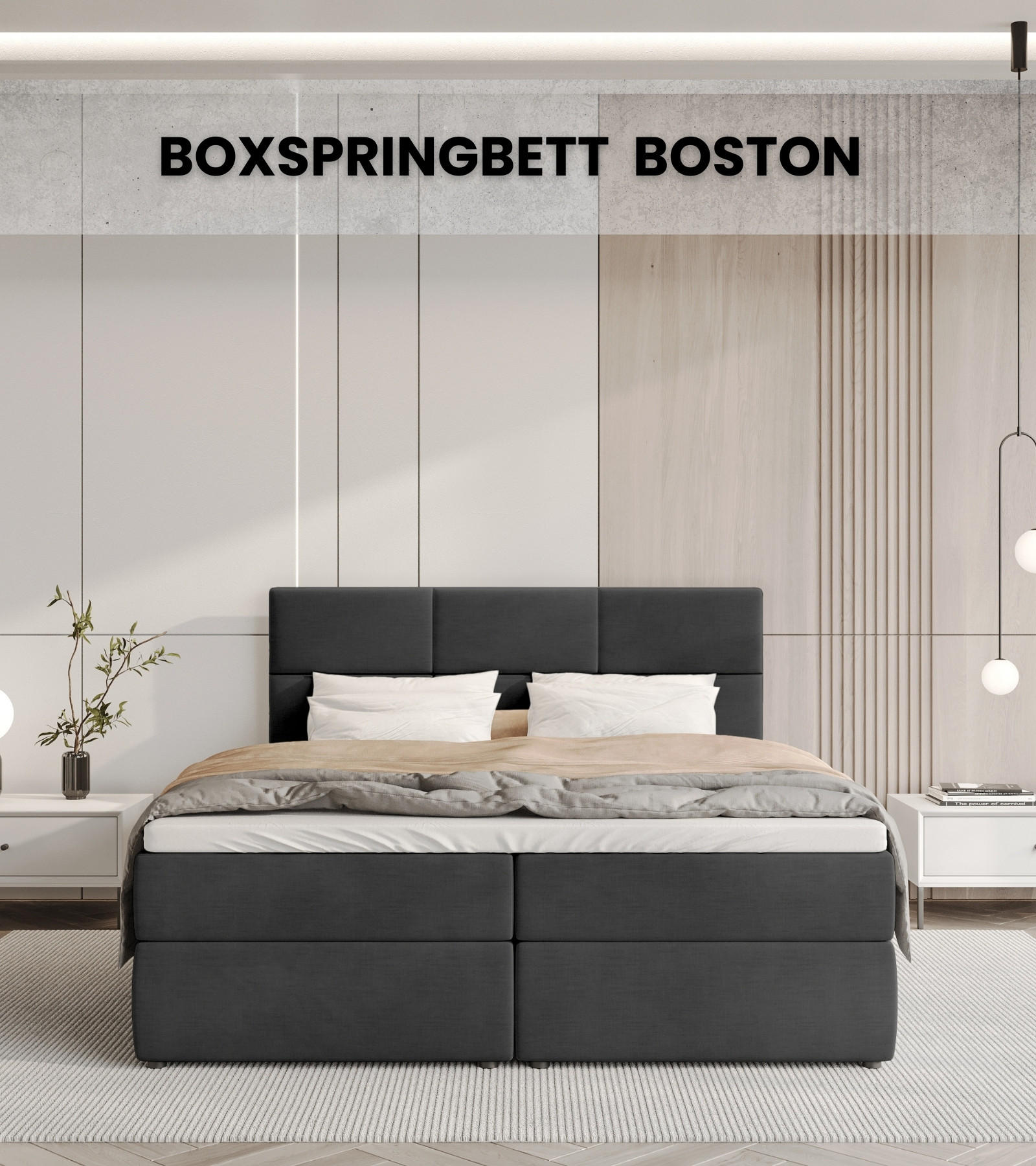 BOXBETT Boston mit Topper 180/200 Anthrazit - Anthrazit, Holzwerkstoff/Textil (180/200cm) - Bromarkt