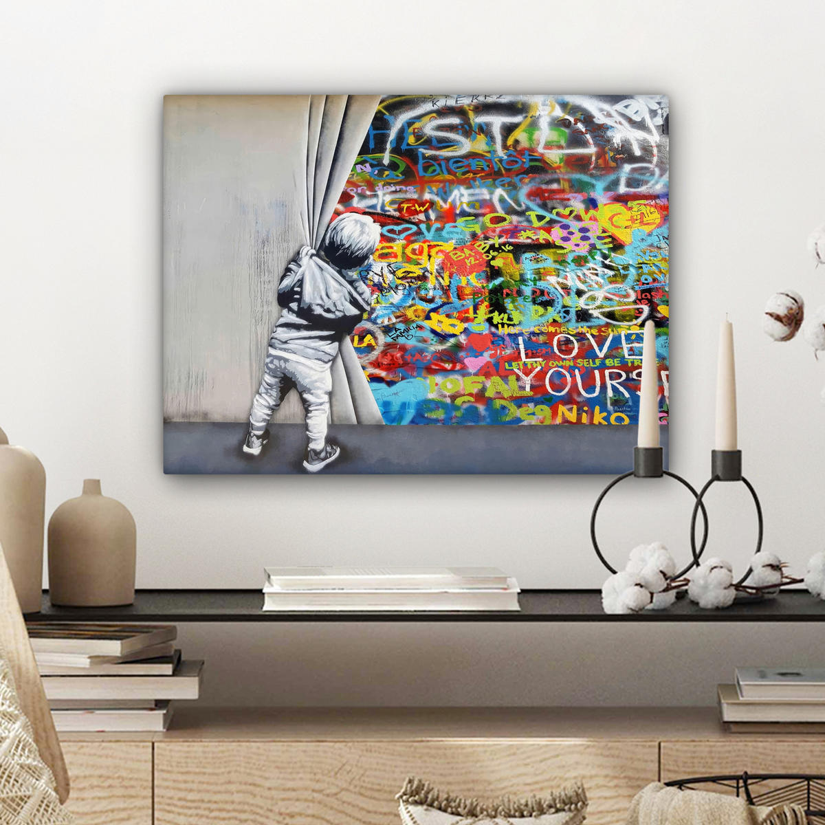 LEINWANDBILD Graffiti - Junge - Ilussie - Straßenkunst Wandbild 40x30 cm - Hellgrau, Textil (40/30cm) - MuchoWow