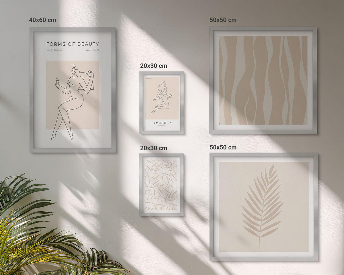 WANDBILDER 5er Set - 50x50 cm & 20x30 cm & 40x60 cm Silberner Rahmen - Minimalistische Pflanzenmotive - Silberfarben, Kunststoff (40/60cm) - ArtPrintCave