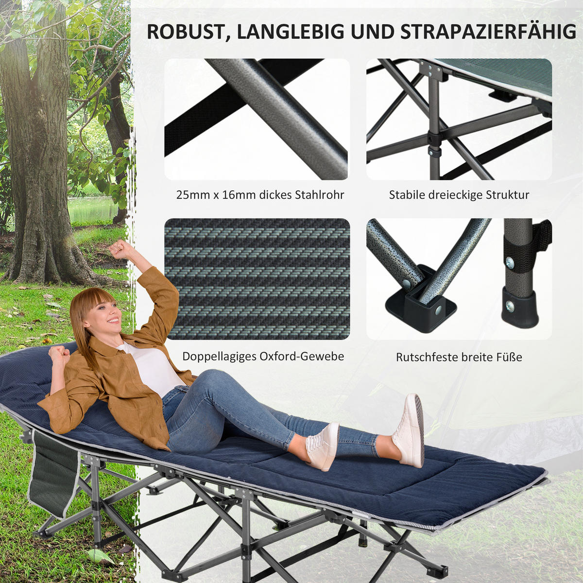 CAMPINGBETT Klappbar mit Kopfkissen und Seitentasche Dunkelblau-Grau bis 150 kg - Dunkelblau, Metall (64.5/53/188cm) - ComfortXL