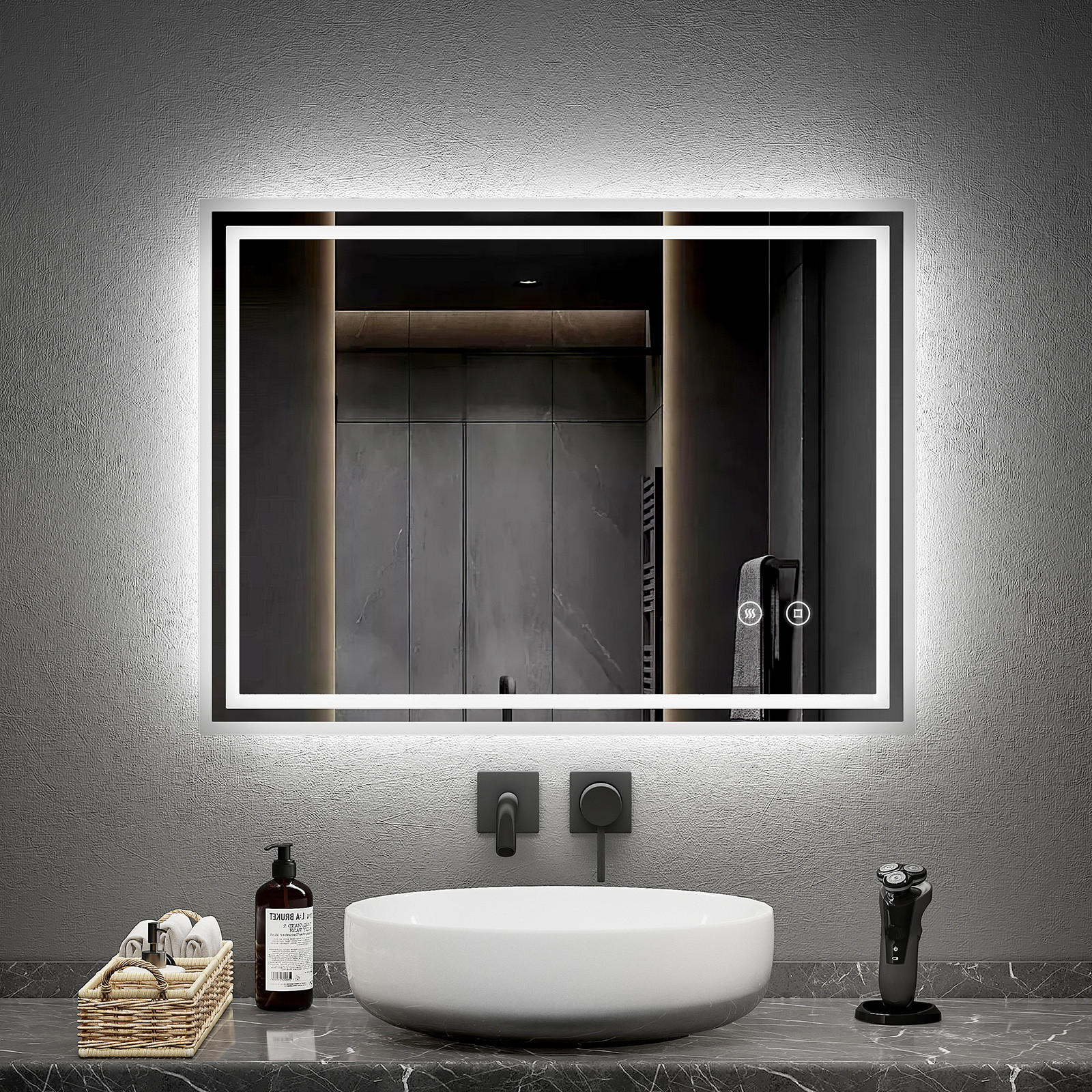 BADSPIEGEL mit Power-Off-Memory-Funktion Beleuchtung 80/60/3,5 cm - Weiß, Glas (60/3.5/80cm) - EMKE