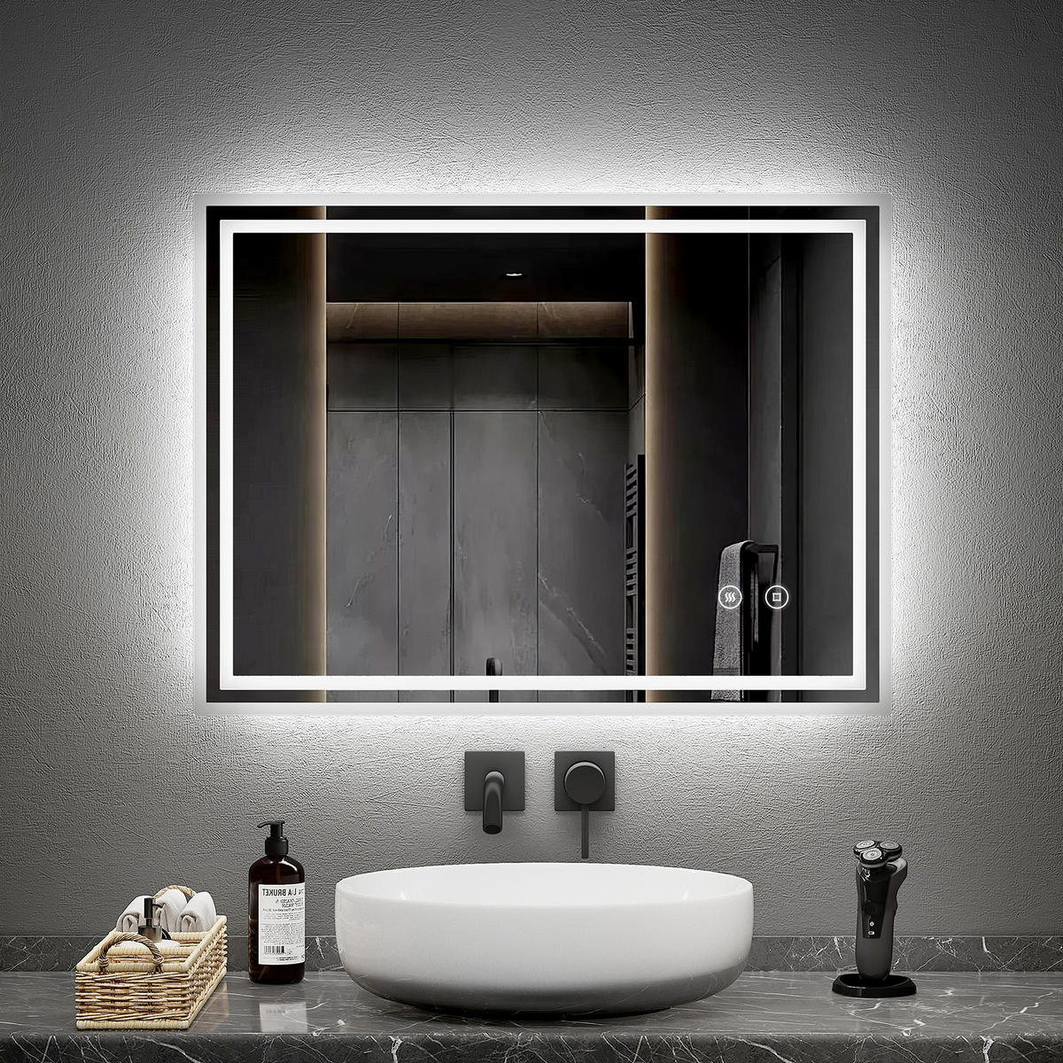 BADSPIEGEL mit Power-Off-Memory-Funktion Beleuchtung 80/60/3,5 cm - Weiß, Glas (60/3.5/80cm) - EMKE