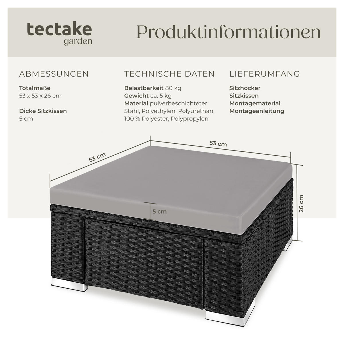 RATTAN-SITZHOCKER Bitonto,53 x 53 x 26 cm,schwarz/grau - Schwarz/Grau, Kunststoff (53/26/53cm) - tectake