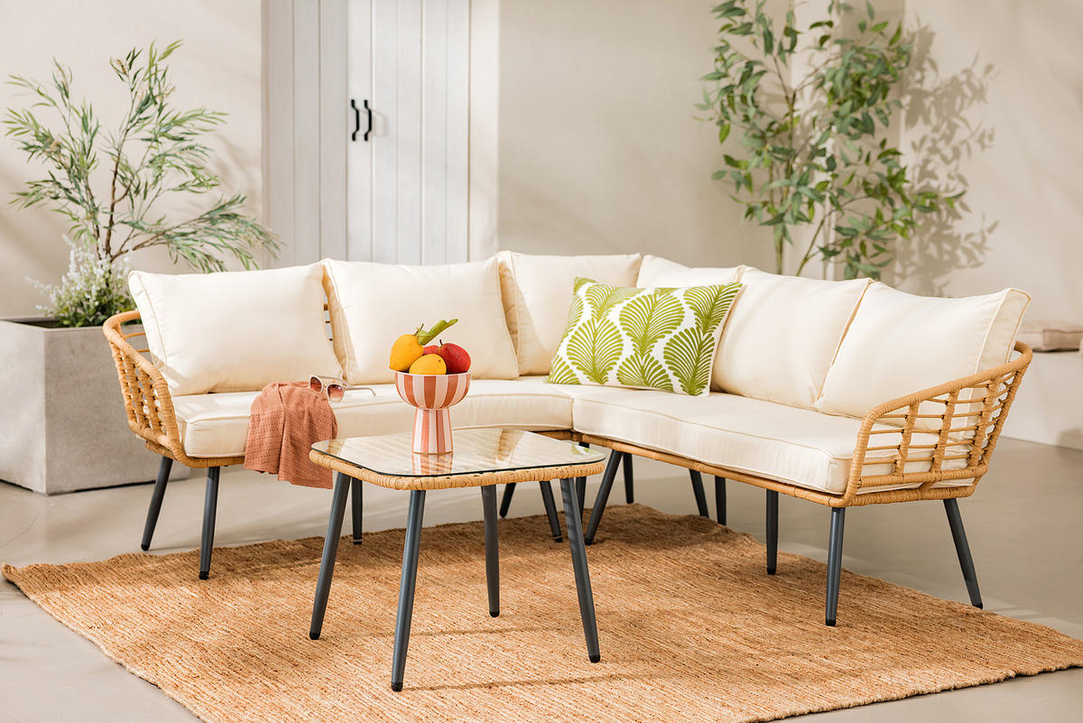 LOUNGESET - Polyrattan / Polyester - Braun / Creme - 4-teilig - Beige/Braun, Naturmaterialien/Glas - home24