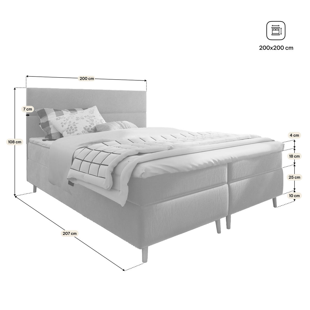 BOXBETT SANTA 200x200 cm mit Matratze und Topper, H2+H3 - Schwarz - Schwarz, Holz (200/200cm) - MASSENO