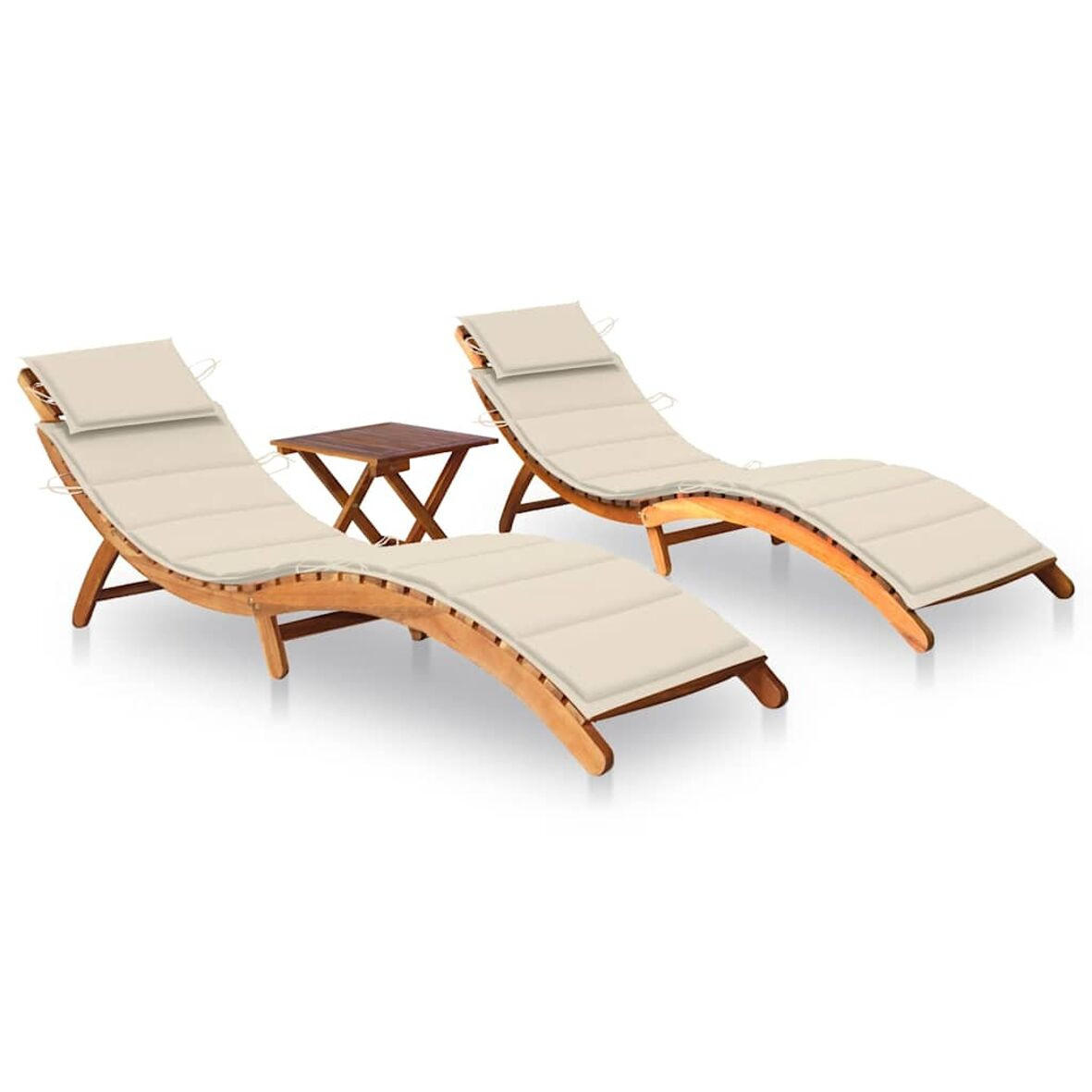 SONNENLIEGEN 2 STK. MIT TISCH UND AUFLAGEN MASSIVHOLZ AKAZIE - Creme, Holz/Textil (55/40/184cm) - vidaXL