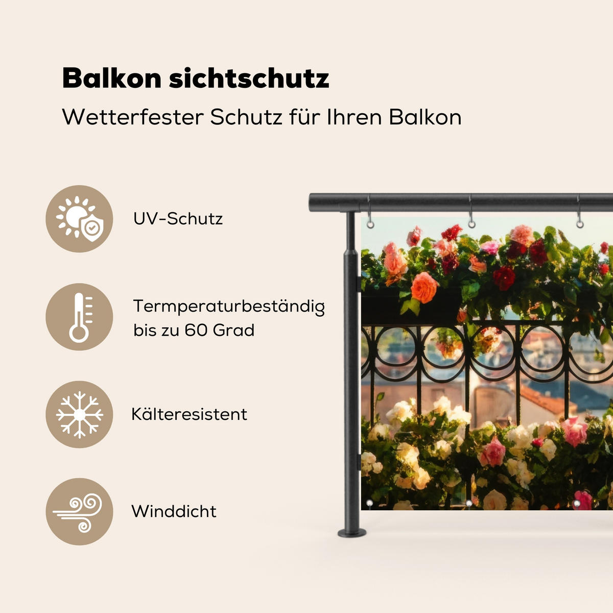 BALKON-SICHTSCHUTZ Blumen - Zaun - Stadtbild - Sommer - Pink, Kunststoff (200/110cm) - MuchoWow