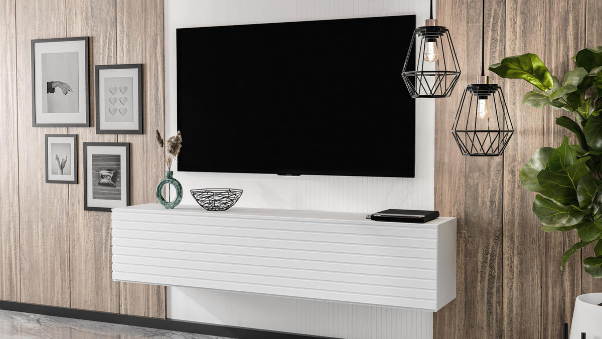 LOWBOARD ZIVOLLI 160 Weiß, Weiße Lamellen 160/34/40 cm – TV-Hängeschrank mit Lamellenfront - Weiß, Holzwerkstoff/Kunststoff (160/34/40cm) - AX Living