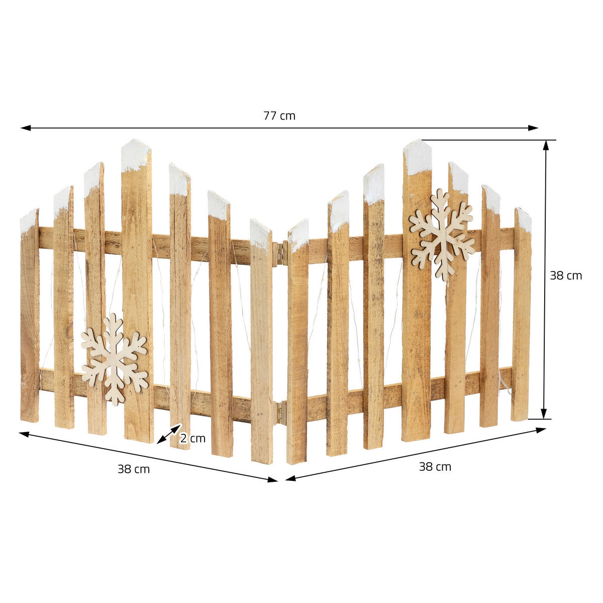 DEKO HOLZ ZAUN Natur 30 LED Warmweiß 77x38 cm mit Schneeflocken - Braun, Holz (77/38/2cm) - ECD-Germany
