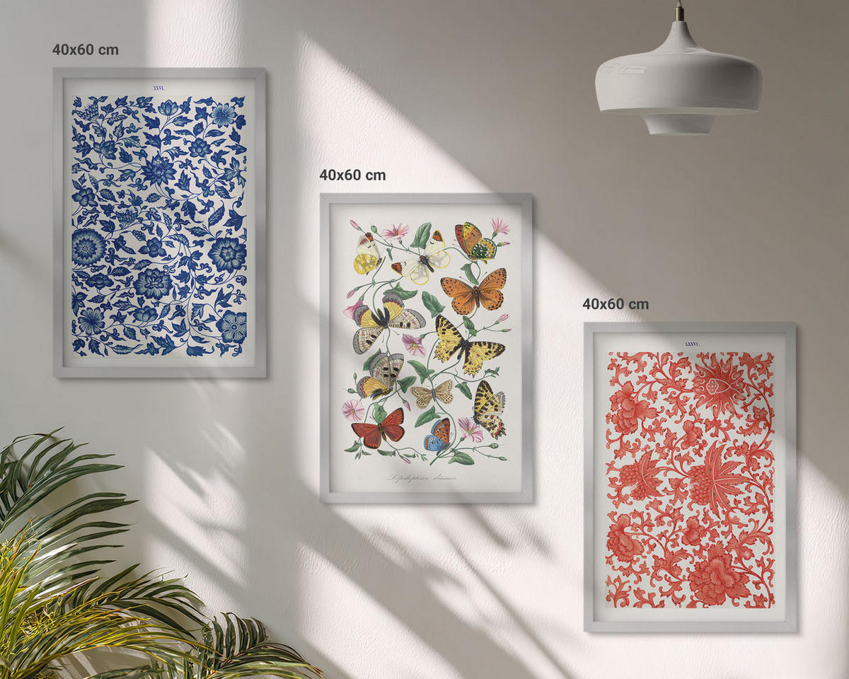 WANDBILDER 3er Set - 40x60 cm Silberner Rahmen - Vintage-Blumen-Schmetterlings-Ornamente - Silberfarben, Kunststoff (40/60cm) - ArtPrintCave