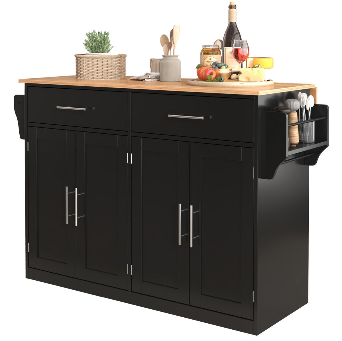 KÜCHENWAGEN 120/46/91,5 cm in Schwarz/Natur mit klappbarer Tischplatte und Rollen - Schwarz, Holzwerkstoff (120/91.5/71cm) - Flora Grace