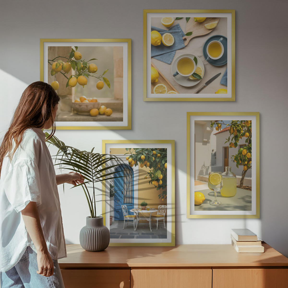 BILDER SET 4er Set - 50x50 cm & 40x60 cm Goldrahmen - Zitronenlimonade blaue Tür - Goldfarben, Kunststoff (50/50cm) - TULUP