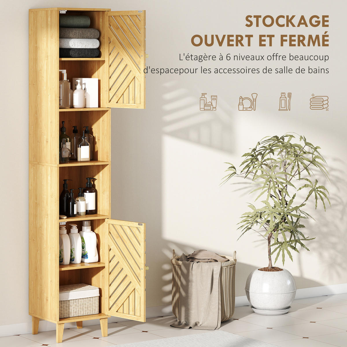 HOCHSCHRANK DE-12485 32/30/170 cm mit Bambustüren Naturholz - Naturfarben, Holzwerkstoff (30/170/32cm) - ComfortXL