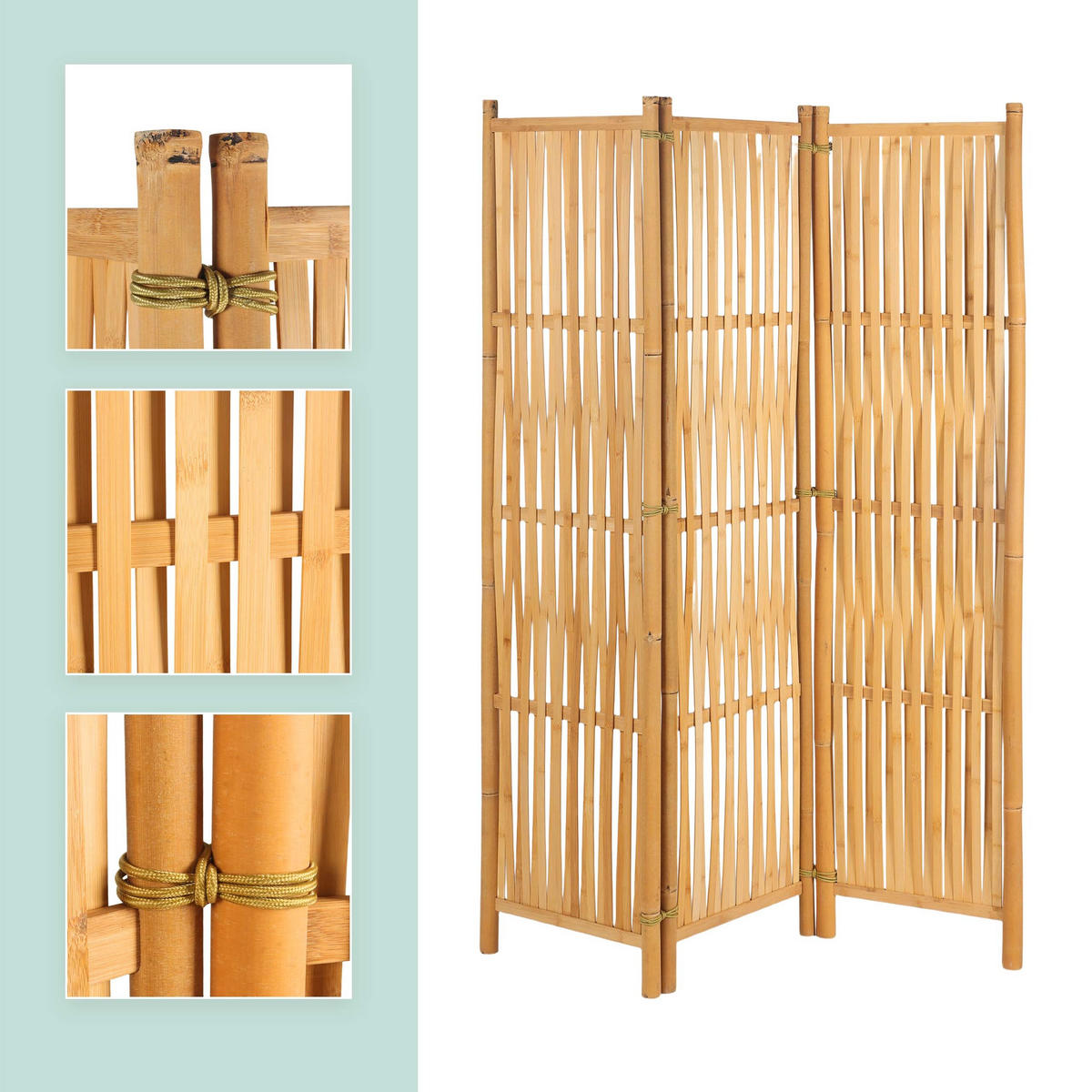 RAUMTEILER Natur Bambus 3-tlg. freistehend 170x126 cm - Hellbraun, Holz (126/170/3.5cm) - Relaxdays