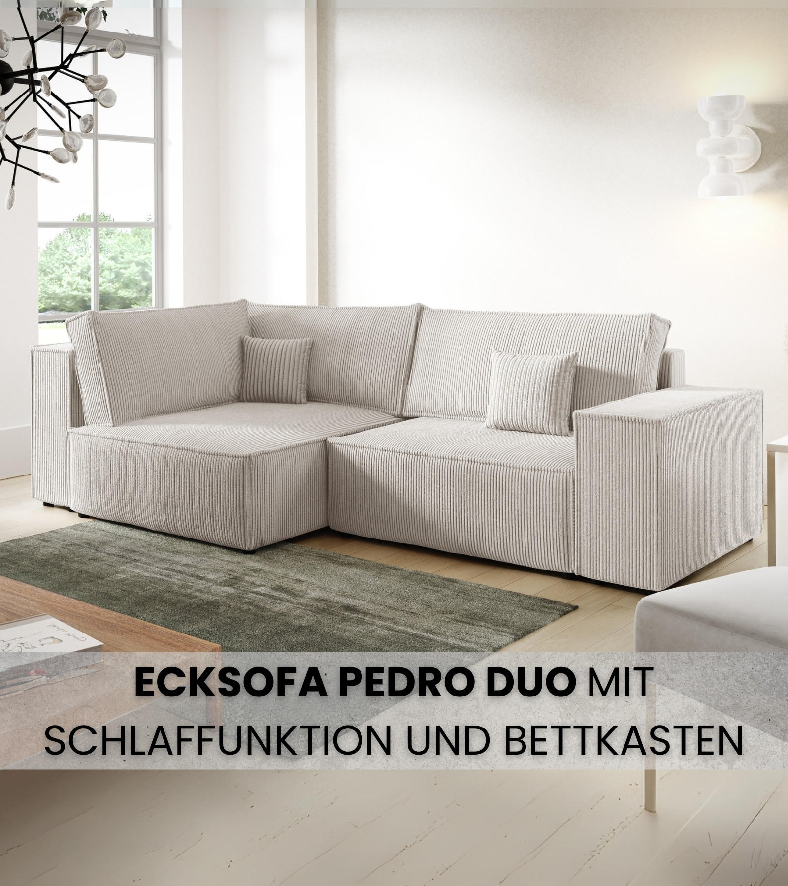 ECKSOFA Pedro Duo mit Schlaffunktion Weiß Cord - Weiß, Textil (246/153cm) - Bromarkt
