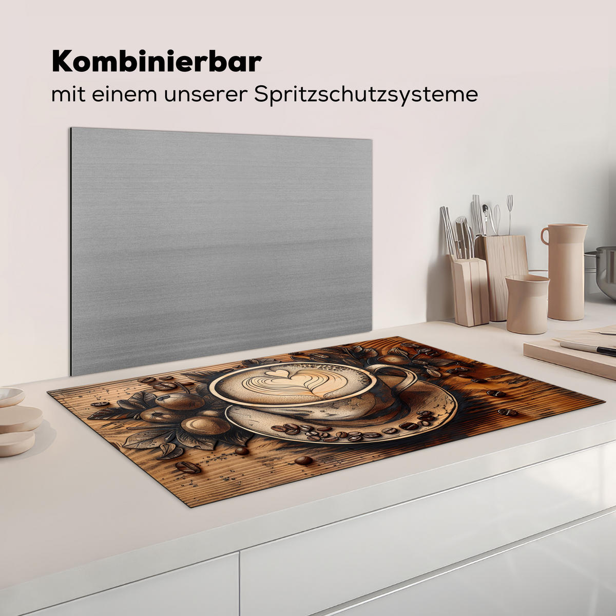 KRYT NA INDUKČNÍ DESKU Káva - Vintage - hnědá - šálek - dřevo 89.6x51.6 cm - kapučínová, plast (89.6/51.6/0.2cm) - MuchoWow