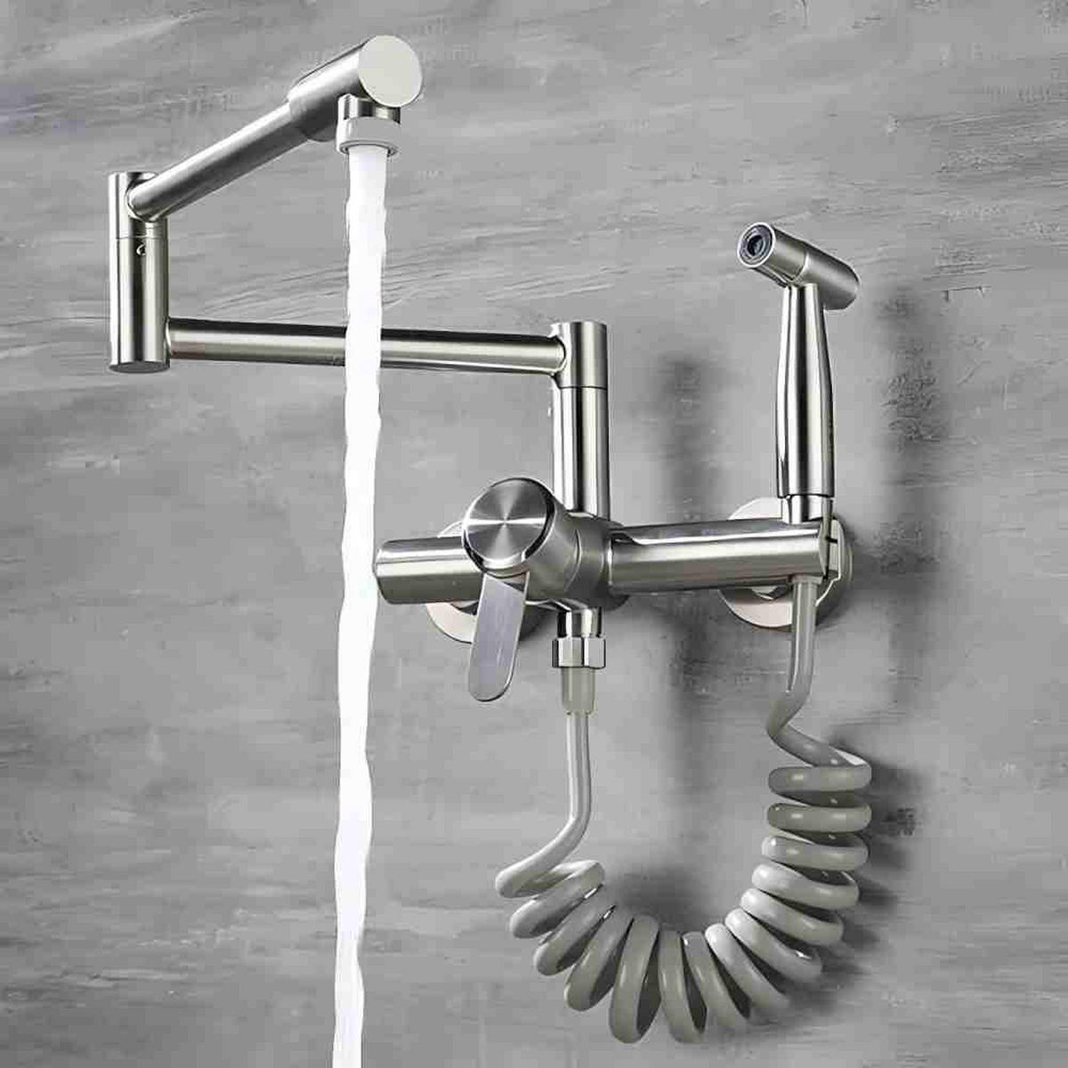 KÜCHENARMATUR wandmontiert mit Handbrause, 2 Auslaufmodi, 304 Edelstahl, gebürstetes Nickel - Silberfarben, Metall (22/11/31cm) - TVTIUO