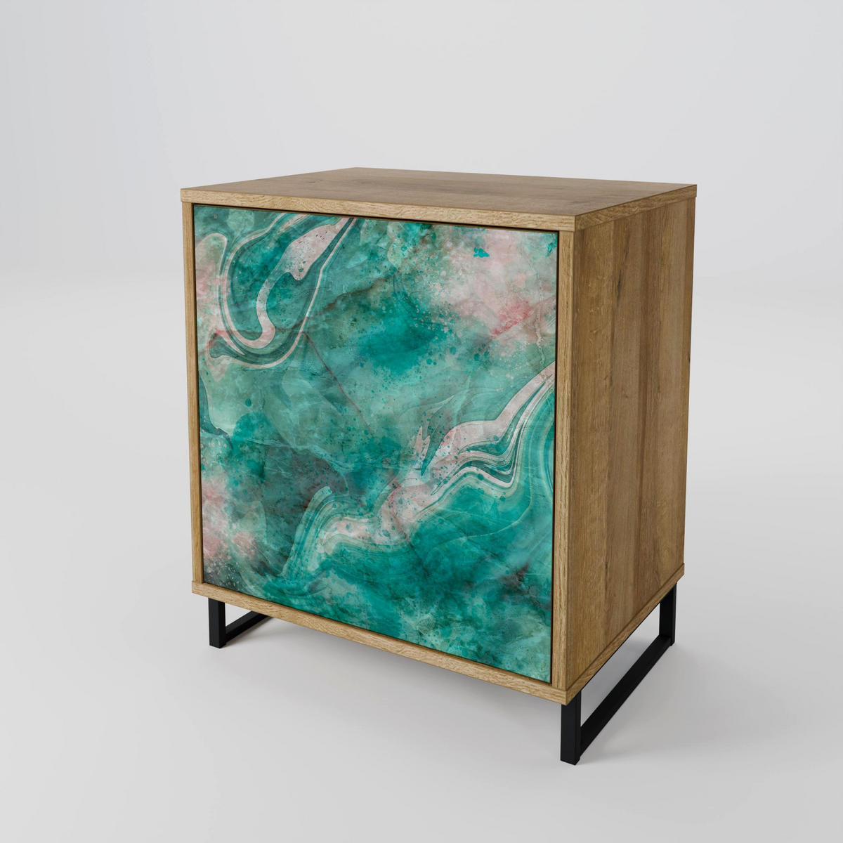 SIDEBOARD ABSTRACT ALCHEMY, Eichefarben, 57,5x42x70,5 cm, Schwarze Metall-Sternfüße - Eichefarben/Multicolor, Holzwerkstoff/Metall (57.5/70.5/42cm) - SpaceRebels