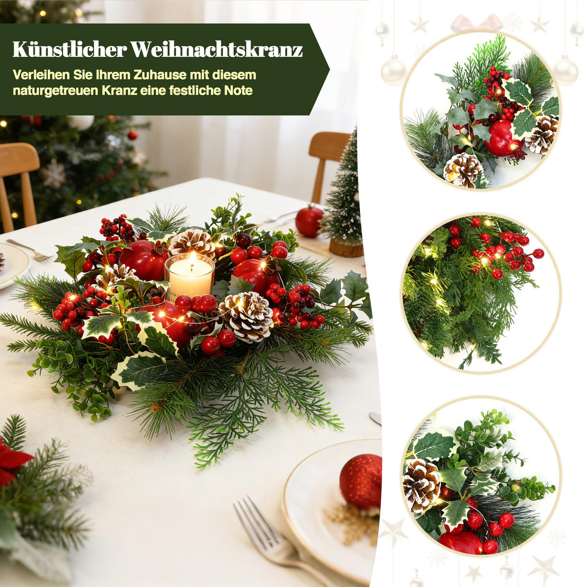 40CM Künstlicher Weihnachtskranz mit LED Beleuchtung & Timer - Grün, Kunststoff (44cm) - Hometopia