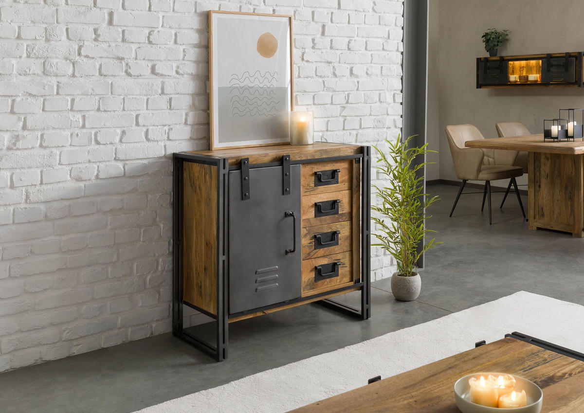 KOMMODE Mango 90x45x90 natur lackiert / Metall grau BLACKBURN #308 - Naturfarben, Holz (90/90/45cm) - Massivmoebel24