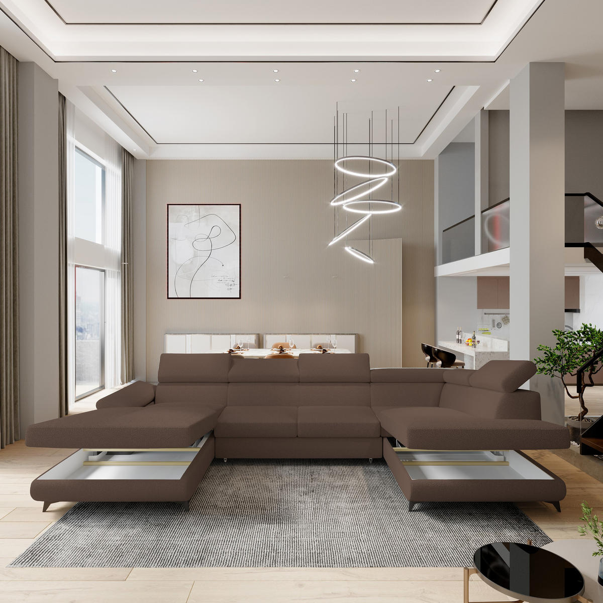 WOHNLANDSCHAFT RUBANO R-S Braun Boucle-Stoff mit Schlaffunktion - Braun, Holz (339/89/190cm) - MASSENO