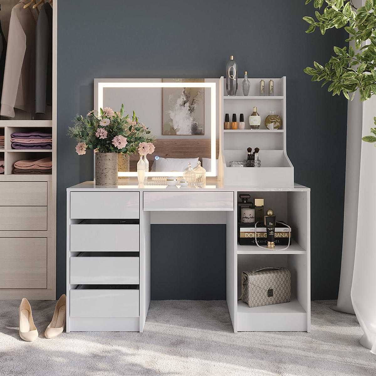 SCHMINKTISCH Sherry Weiß/Weiß Hochglanz 128.2 cm 3 Teile - Weiß Hochglanz, Holzwerkstoff (128.2/76/50.1cm) - Vicco