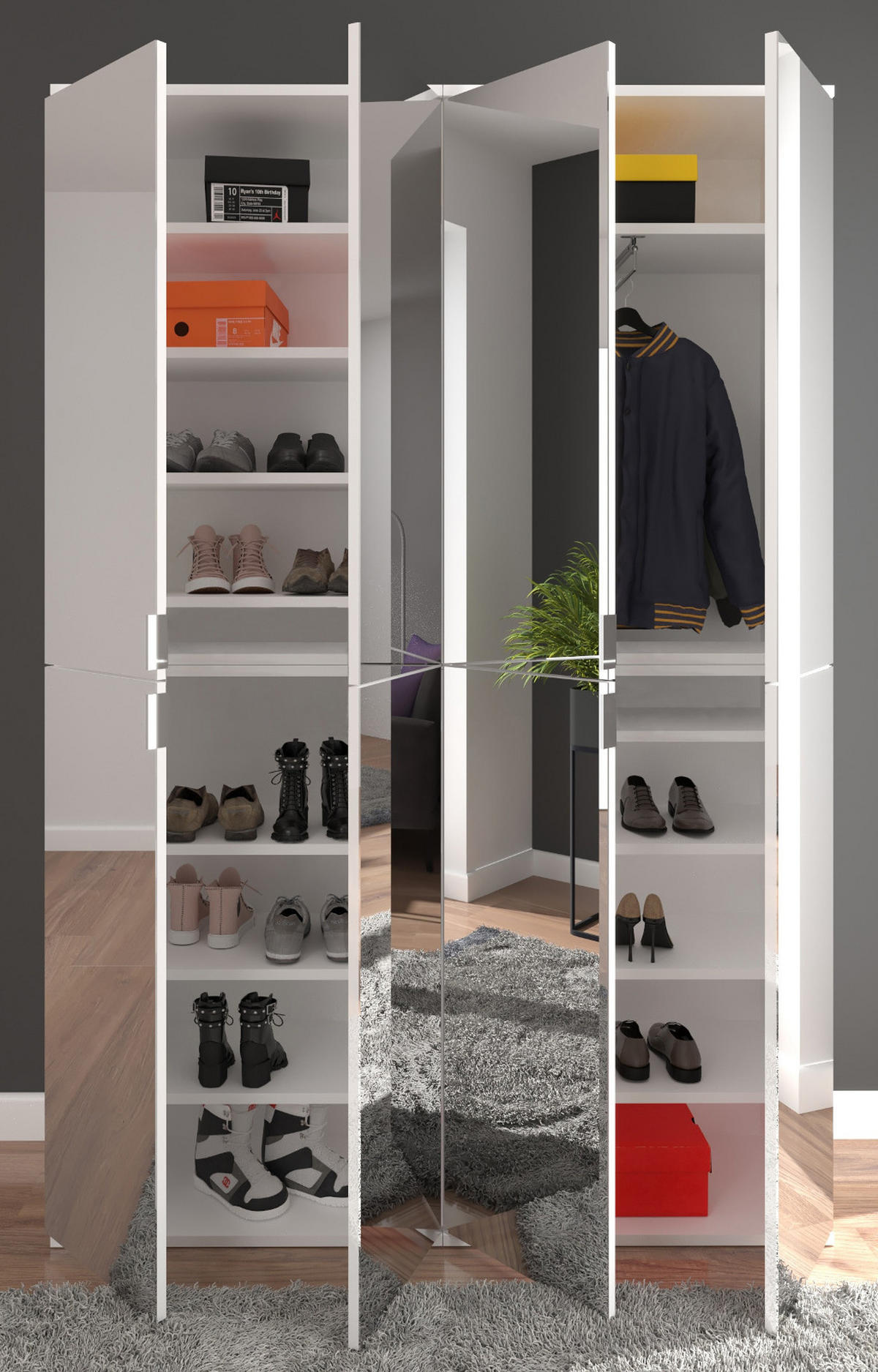 GARDEROBEN-SET weiß Hochglanz 243 cm mit Spiegel, Flurgarderobe - Chromfarben/Weiß Hochglanz, Glas/Holzwerkstoff (243/193/34cm) - Inn.Furn
