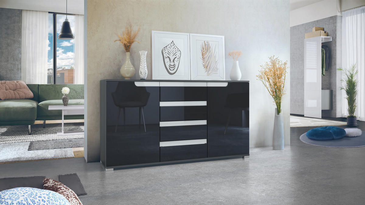 SIDEBOARD Sylt Schwarz Hochglanz / Weiß Hochglanz - Schwarz Hochglanz, Holzwerkstoff (138.5/75.5/35cm) - Vladon