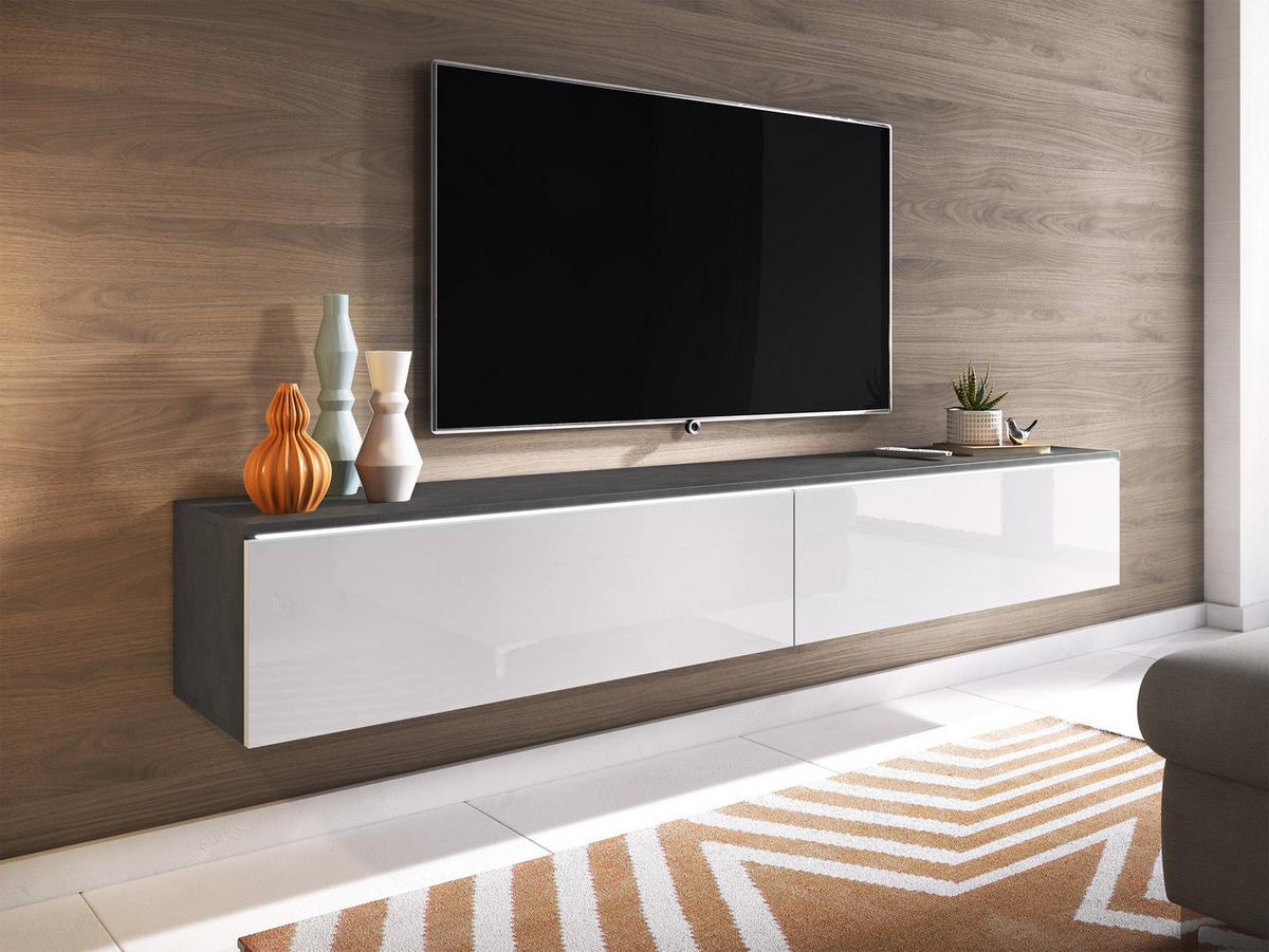 TV-LOWBOARD D180 mit weißer LED Beleuchtung - Dunkelgrau/Weiß Hochglanz, Holzwerkstoff/Kunststoff (180/30/33cm) - MIRJAN24