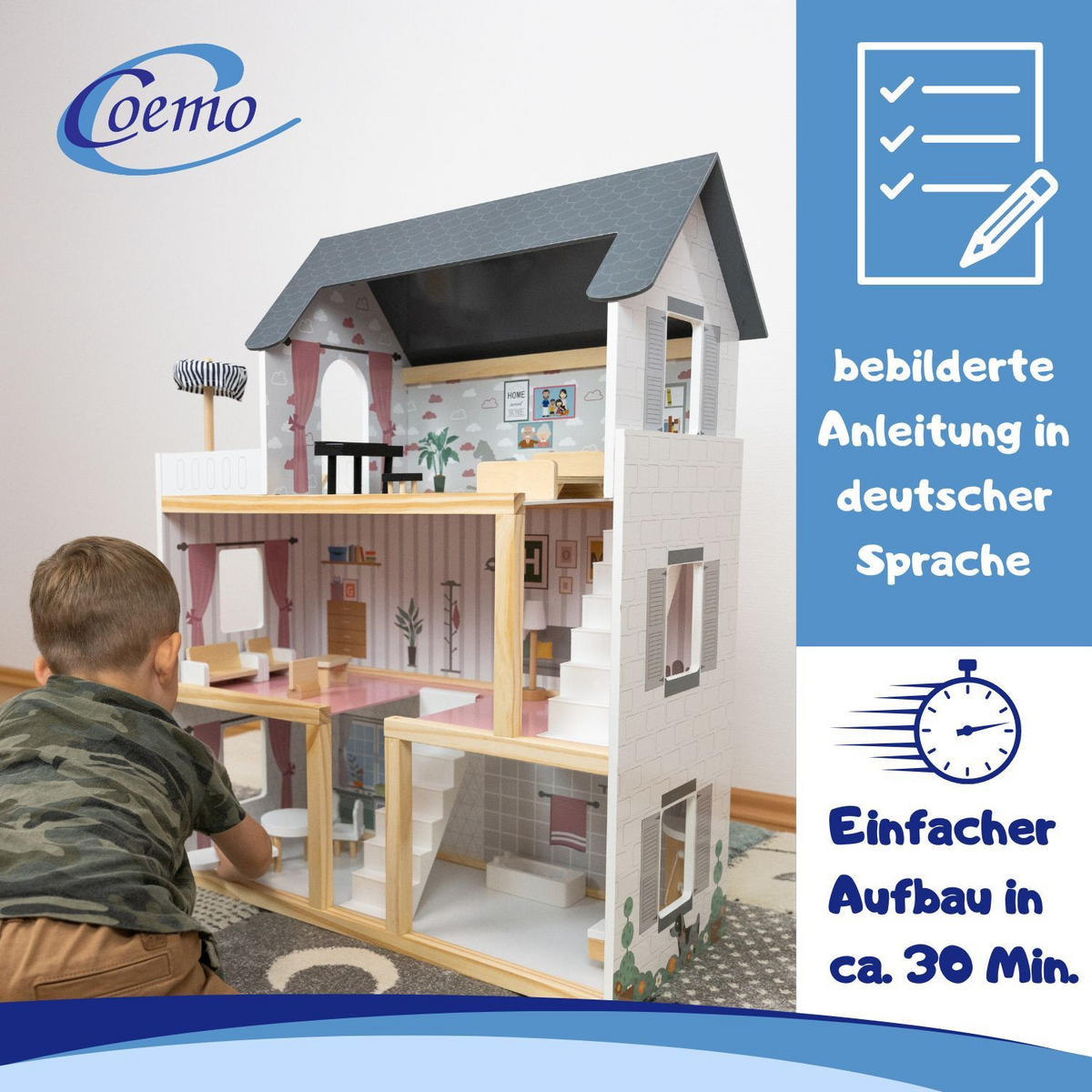 PUPPENHAUS LARA Holz Villa möbliert 3 Etagen - Weiß, Holzwerkstoff (27/78/62cm) - Coemo