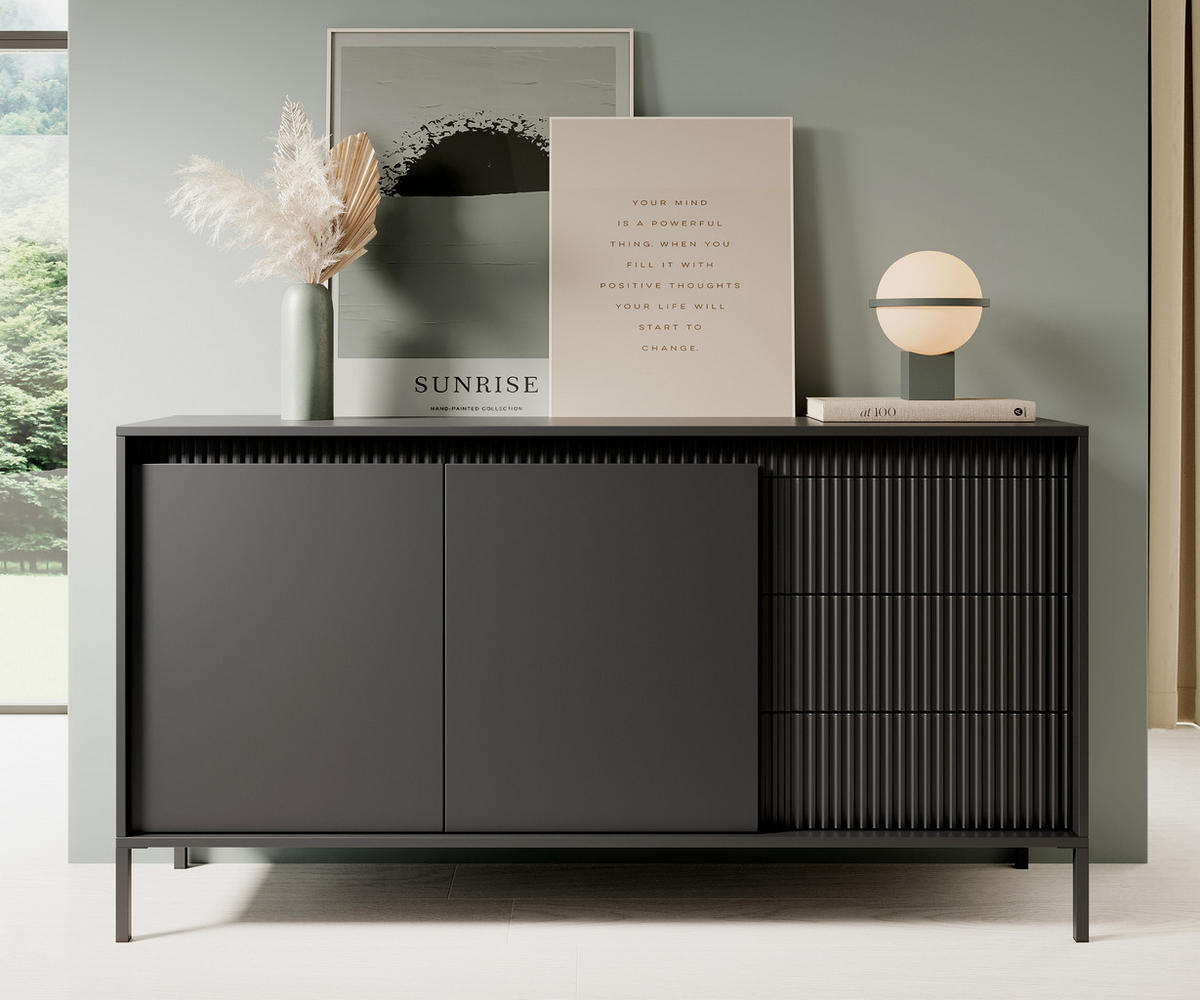 SIDEBOARD Trentinis 2T 3S Schwarz 153,5/81,4/39,5 cm – Geriffelten Fronten - Schwarz, Holzwerkstoff/Metall (153.5/81.4/39.5cm) - AX Living