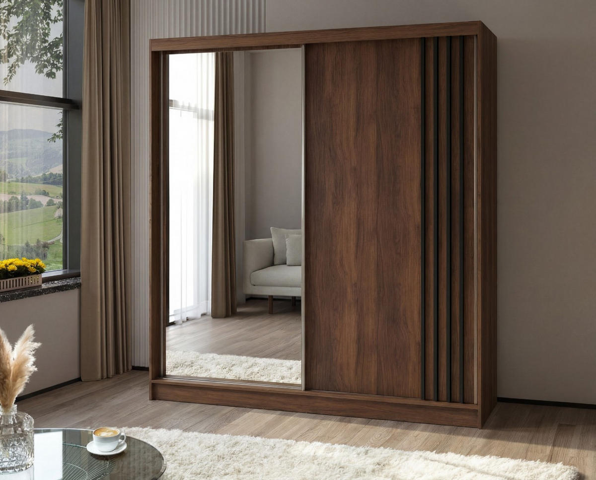 SCHWEBETÜRENSCHRANK Neli 200 cm mit Lamellen und Spiegel 2-türig, Nuss Warmia, schwarz - Dunkelbraun/Schwarz, Kunststoff (200/216/61cm) - Margaret Hadas24