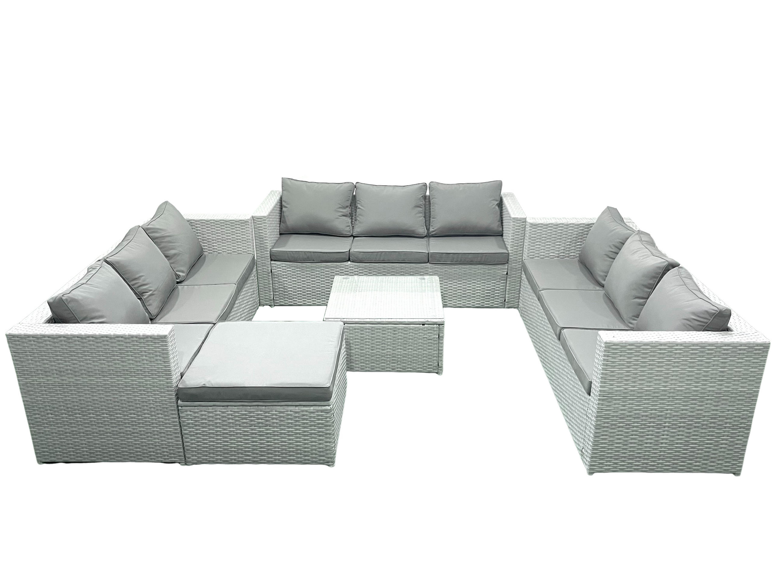 GARTENMÖBELSET mit 3-SITZER SOFA,COUCHTISCH Polyrattan Hellgrau-Mix 10-Sitzer - Hellgrau/Grau, Glas/Kunststoff - Fimous