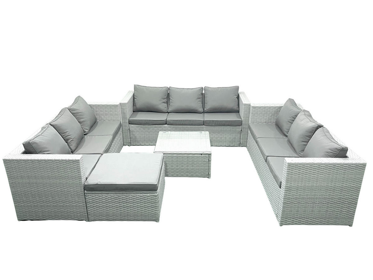 GARTENMÖBELSET mit 3-SITZER SOFA,COUCHTISCH Polyrattan Hellgrau-Mix 10-Sitzer - Hellgrau/Grau, Glas/Kunststoff - Fimous