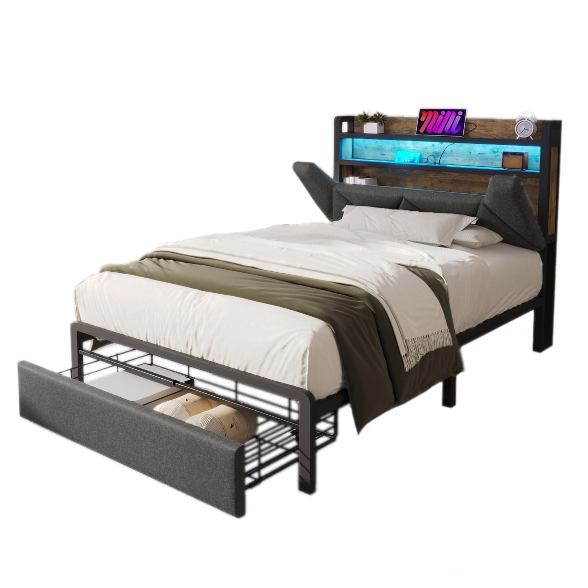BETT 90/200 cm Grau mit LED-Beleuchtung, Stauraum und Matratze - Grau, Textil (90/200cm) - Flora Grace